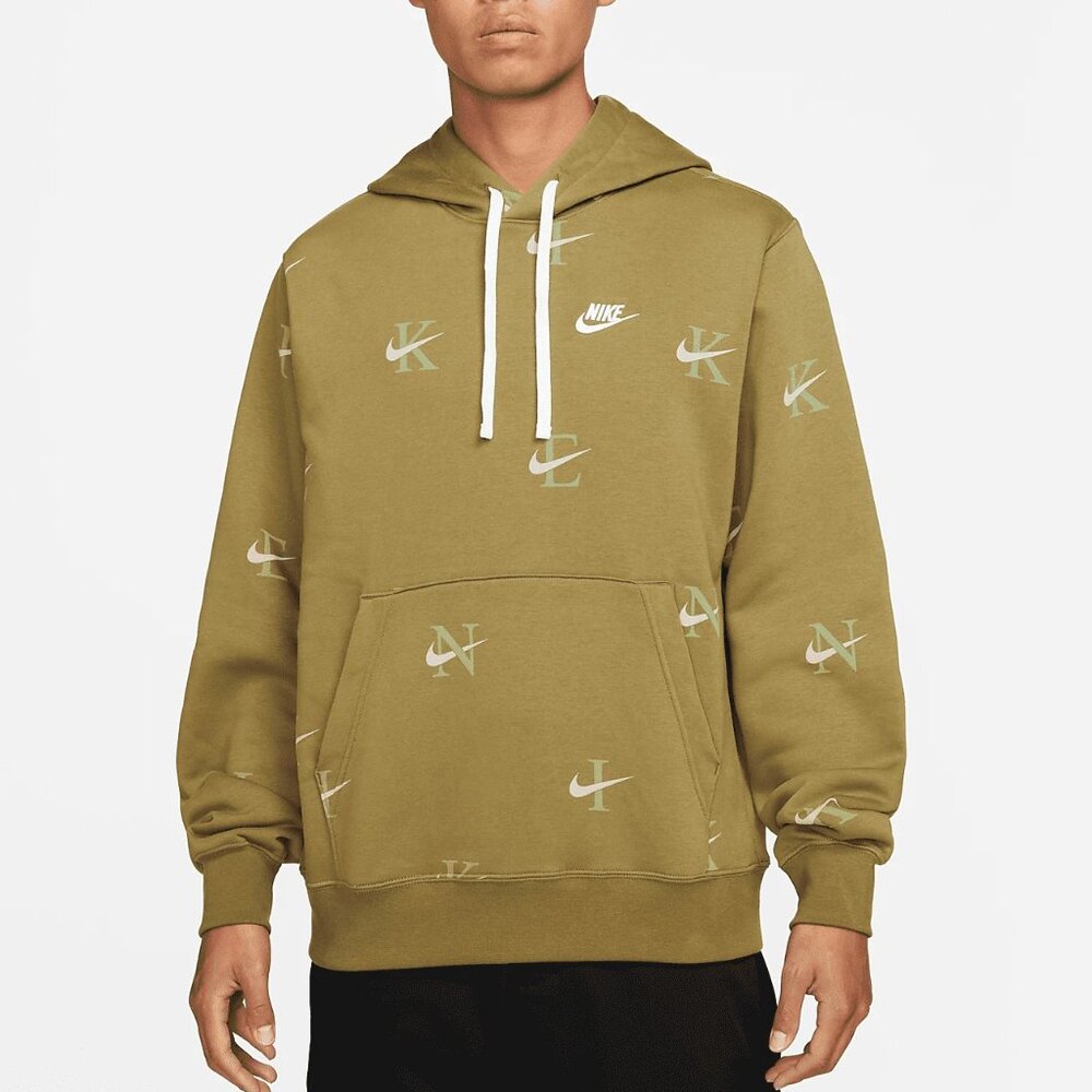 Nike Sportswear Club Pullover All Over Swoosh Print Hoodie Olive Green Medium
